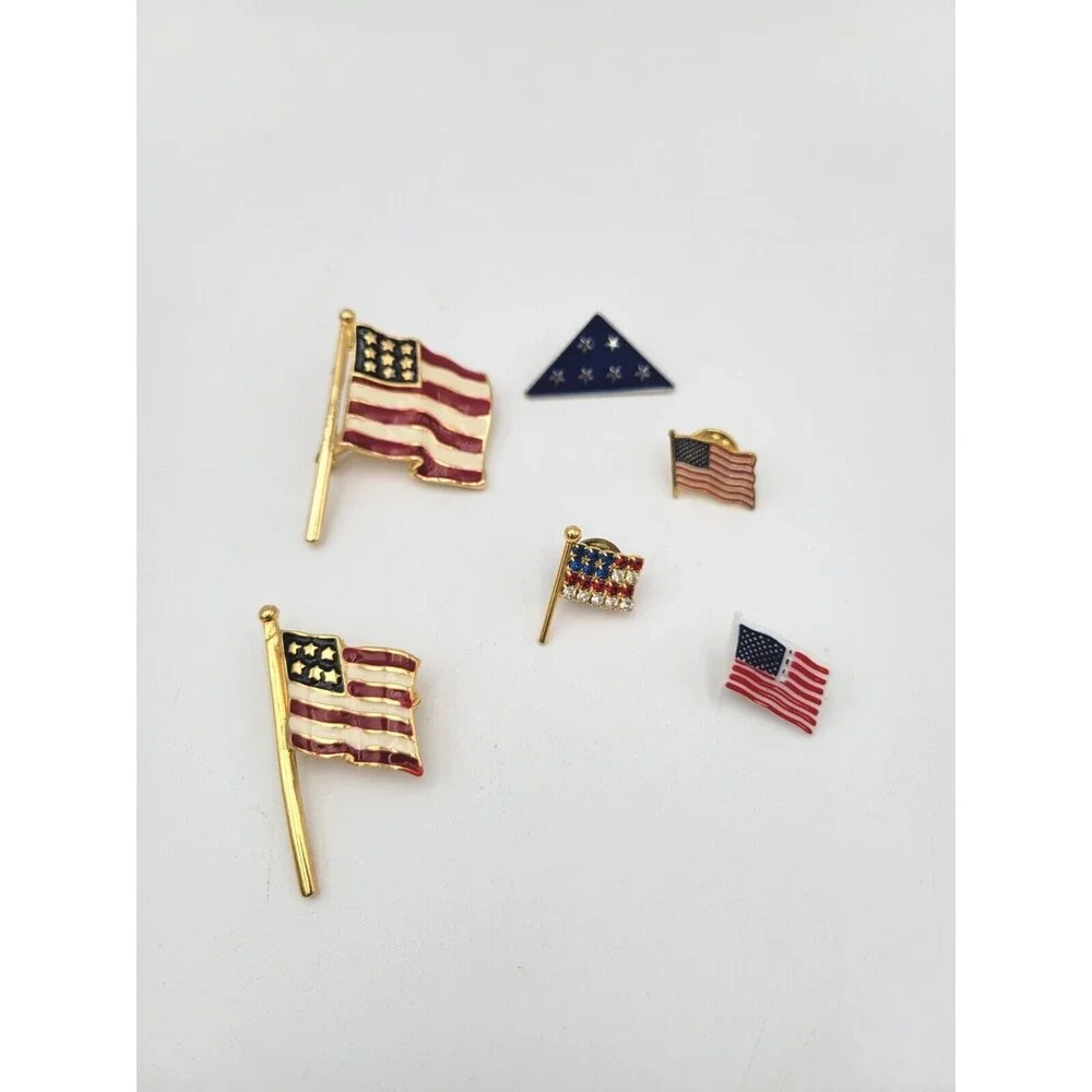 Vintage American‎ Flag USA Brooches Pins Lot of 6 Patriotic Triangle Rhinestones